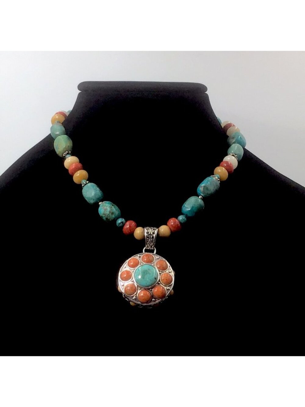 Barse Sterling Silver Turquoise Coral Beaded Necklace And Pendant 18-20”